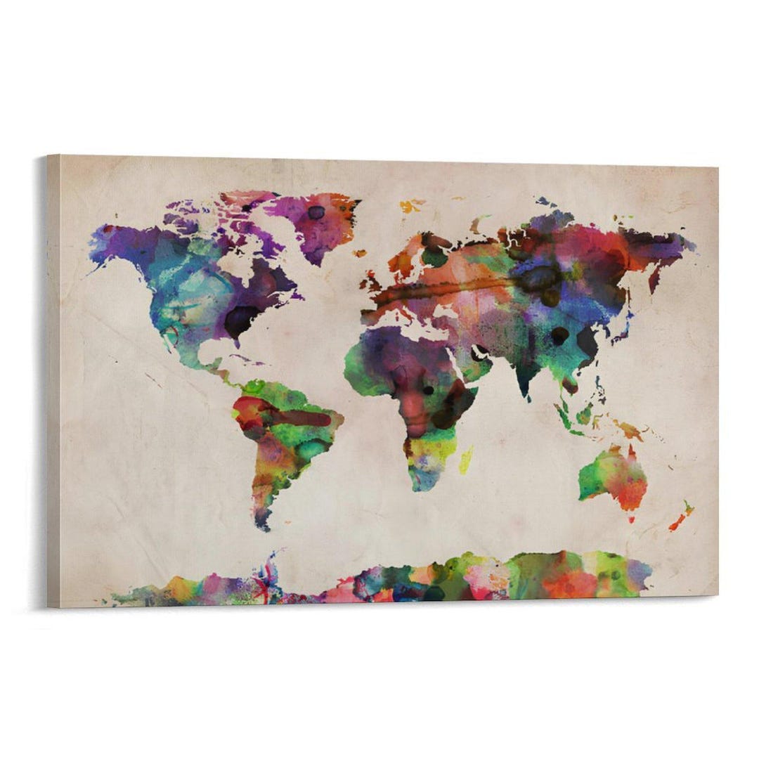 Colorful Watercolor World Map Canvas Print, Abstract Multicolor World ...