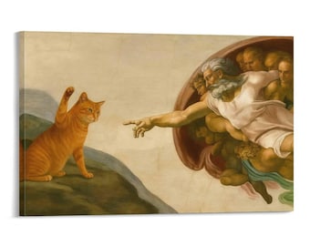 Creation of Cat Canvas Print Funny Orange Tabby Parody of Renaissance Classic Art Wall Decor