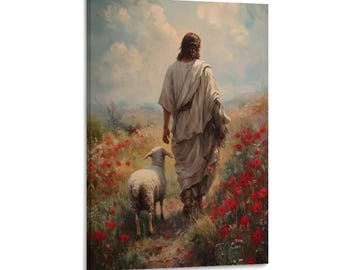 Lienzo decorativo de Jesús el Buen Pastor, pintura cristiana inspiradora de Jesús caminando con ovejas en un campo de amapolas, decoración religiosa para el hogar.