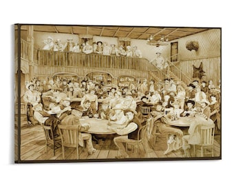 Impresión en lienzo de un saloon del Viejo Oeste en sepia, escena de póquer en un bar del Viejo Oeste, arte de pared rústico, ilustración de un gran grupo de vaqueros apostando