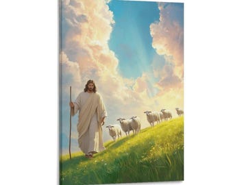 Lienzo de Buen Pastor, arte de pared cristiano, Jesús, pastor y ovejas, decoración religiosa para el hogar, regalo inspirador de la Biblia