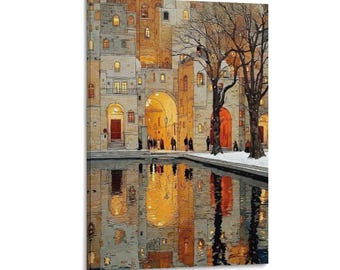 Impresión en lienzo con reflejo de arco dorado, arte mural de paisaje urbano invernal, paisaje de canal urbano con árboles nevados y luces cálidas.