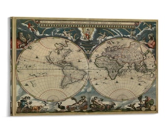 Impresión de mapa del mundo antiguo de doble hemisferio, lienzo decorativo vintage del siglo XVII, arte de pared, mapa del viejo mundo, decoración del hogar