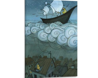 Impresión surrealista de un barco en las nubes, arte mural náutico de ensueño para habitación infantil o infantil, ilustración caprichosa de un barco con cielo nocturno, decoración de pared azul