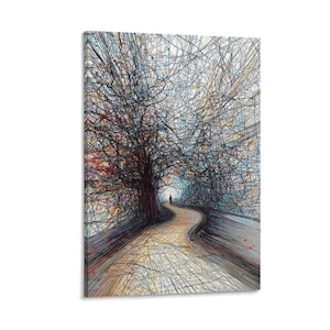 May include: An abstract art print featuring a winding path leading towards a silhouetted figure. The artwork is characterized by intricate lines and a complex network of colors, creating a textured and dynamic visual experience. The color palette includes shades of brown, red, blue, and yellow.