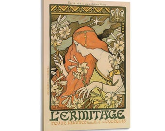 Reproducción de póster Art Nouveau de Mujer pelirroja con lirios, impresión artística de pared francesa vintage