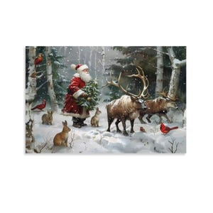 May include: A winter scene featuring Santa Claus in a red suit carrying a small Christmas tree. Reindeer, rabbits, and birds are in a snowy forest. The artwork has a vintage, storybook style.