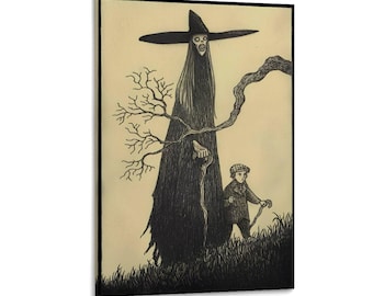 Impresión artística de ilustración de bruja gótica, dibujo a tinta espeluznante, bruja esquelética con vagabundo, decoración de pared de Halloween, fantasía oscura, arte macabro para el hogar
