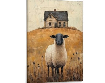 Black Faced Sheep Art Print, Rustic Farmhouse Wall Decor, Country Cottage Canvas Print for Living Room Nursery