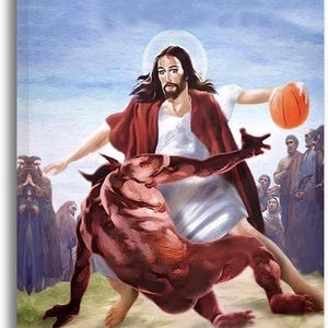 May include: A canvas print depicts Jesus playing basketball against a red demon. Jesus, in a white robe and red cloak, is about to shoot an orange basketball. The demon is on the ground. A crowd watches in the background.