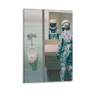 May include: A canvas print depicts an astronaut in a space suit standing in a public restroom, looking into a mirror. The restroom has a white urinal, green tiled walls, and a light beige sink. The astronaut's reflection is also visible.