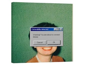 Retro pop art canvas print, vintage portrait with computer error popup, green textured background, mid century modern aesthetic wall art