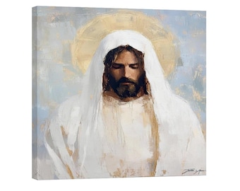 Impresión en lienzo abstracta moderna de Cristo, arte religioso de pared con túnica blanca y halo dorado, decoración cristiana para el hogar con textura al óleo.