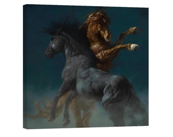 Lienzo con dos caballos encabritados, espectacular pintura ecuestre en verde azulado y marrón para decoración de pared, decoración rústica para el hogar con caballos del oeste.
