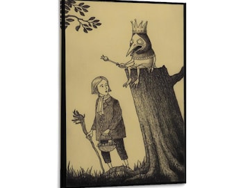 Impresión de dibujo a tinta del Rey Pájaro, Doctor de la Plaga, ilustración vintage oscura y caprichosa, arte de pared gótico de cuento de hadas surrealista para decoración del hogar, imprimible