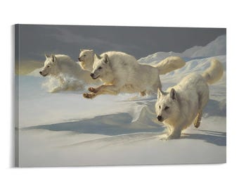 Lienzo de lobos árticos corriendo, arte de pared, lobos blancos en la nieve, paisaje, vida silvestre, impresión, galería, decoración del hogar