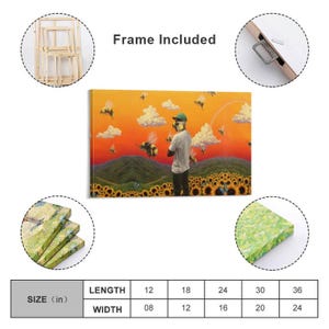 May include: A framed canvas art print featuring a person in a field of sunflowers with bees and a sunset sky. The artwork is available in various sizes, with a length of 12 inches to 36 inches and a width of 8 inches to 24 inches.