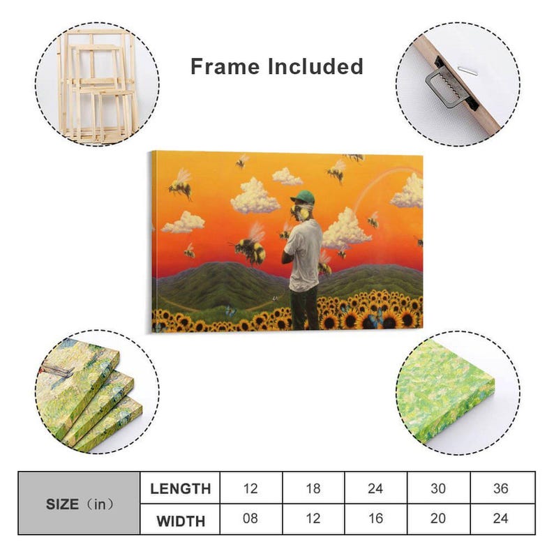 May include: A framed canvas art print featuring a person in a field of sunflowers with bees and a sunset sky. The artwork is available in various sizes, with a length of 12 inches to 36 inches and a width of 8 inches to 24 inches.