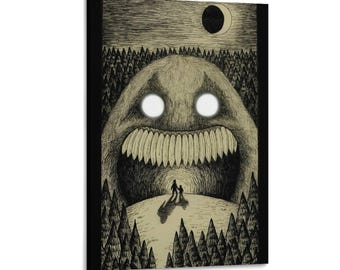 Impresión en lienzo de monstruo del bosque espeluznante, ilustración surrealista oscura, eclipse lunar, arte de pared embrujado para un hogar gótico