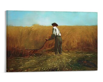 Cuadro vintage de cosecha de granjero con guadaña en campo de trigo, lienzo rústico de granja, impresión artística para pared, escena de verano dorada, paisaje rural