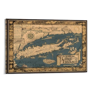 May include: A framed vintage map of Long Island, featuring a detailed illustration in shades of blue and tan. The map includes the text "A Map of Long Island" and "Atlantic Ocean."