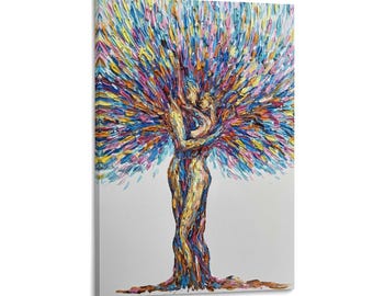 Impresión en lienzo del Árbol del Amor, arte de pared con un abrazo de pareja en empasto colorido, pintura abstracta romántica de árbol para decoración moderna del hogar.