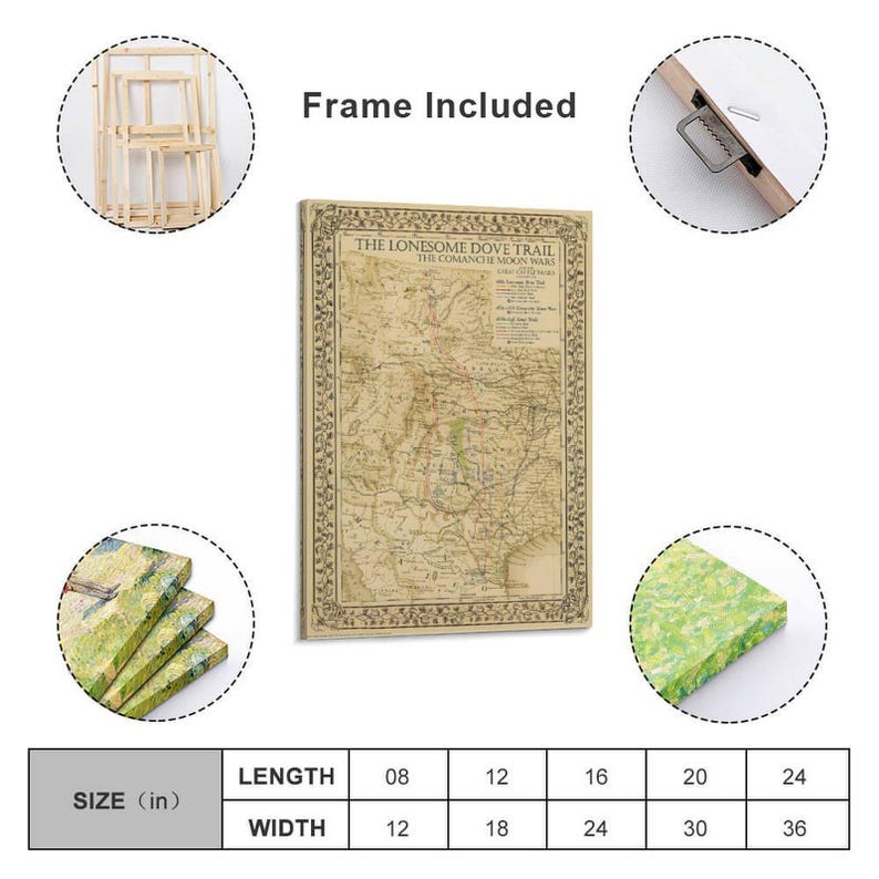 Puede incluir: Impresi&oacute;n en lienzo enmarcada con un mapa antiguo titulado "The Lonesome Dove Trail, The Comanche Moon Wars". El mapa es en tonos beige y marr&oacute;n, con bordes decorativos. Disponible en tama&ntilde;os de 20x30 cm a 61x91 cm.