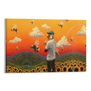 May include: A canvas print featuring a surreal landscape with a person standing in a field of sunflowers. The artwork includes bees, clouds, a rainbow, and a vibrant orange and yellow sky. The person is wearing a green cap and white shirt.