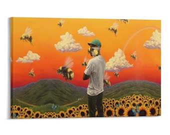 Impresión en lienzo surrealista de un campo de abejas con paisaje de girasoles, hombre y abejas gigantes, arte mural con puesta de sol naranja
