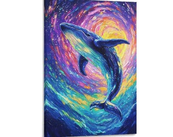 Lienzo de ballena vibrante con remolinos de galaxia y océano, pintura surrealista y colorida, decoración de pared moderna para dormitorio y sala de estar.