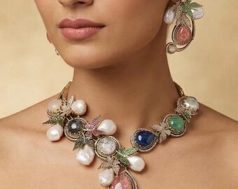 Luxe statementketting met meerdere edelstenen, barokke parel bruidssieraden, floral designer choker, ketting, huwelijksfeest cadeau voor haar