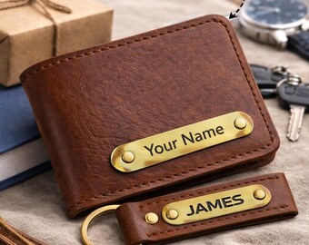 Gepersonaliseerde leren portemonnee met naam, aangepaste gegraveerde portemonnee en sleutelhangerset, cadeau voor hem, cadeau vriendje, verjaardagscadeau voor mannen