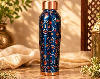 Japans flora-ontwerp 100% puur koperen fles | Handgemaakte koperen bidonset met glas | Ayurvedische pure 1L koperen fles wellness