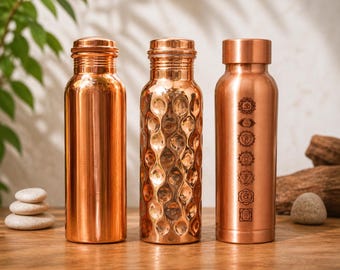100 % ren kopparvattenflaska med bikakedesign | Ayurvedisk kopparflaska med glasset | Handgjord kopparflaska för dryck, wellness och avgiftning