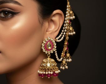 Kundan Jhumka-oorbellen met parelketting: Indiase bruidssieraden