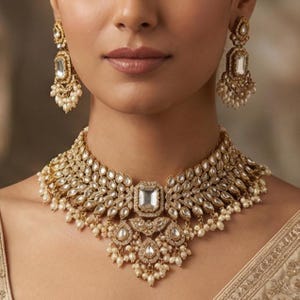 Set di collana da sposa Kundan, set girocollo da sposa Polki con orecchini e Maang Tikka, gioielli da matrimonio indiani, ricco set da sposa, stile Bollywood
