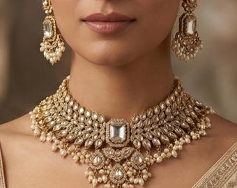 Bridal Kundan Necklace Set, Indian Wedding Jewelry, Polki Bridal Choker Set with Earrings Pakistani Bridal Jewelry, Bollywood Style Necklace