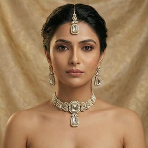 Kundan Polki bruids choker set gouden parelketting oorbellen Maang Tikka Indiase bruiloft sieraden luxe Dulhan statement set afbeelding 3