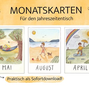 Könnte beinhalten: Drei rechteckige Karten mit der Aufschrift MONATSKARTEN Für den Jahreszeitentisch. Die Karten zeigen Aquarellillustrationen mit den Beschriftungen MAI mit einer Person in einer Hängematte, AUGUST mit einer Strandszene und APRIL mit einer Person im Regen.