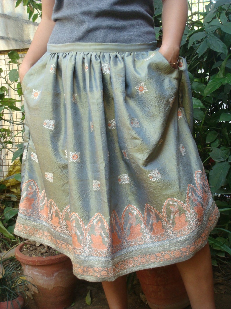 Gathered silk skirt made from vintage sari silk skirt knee | Etsy