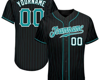 Custom Black Aqua Pinstripe Baseball Jersey | Teal-White Trim | Personalized Name & Number | Authentic Button Up Team Jersey