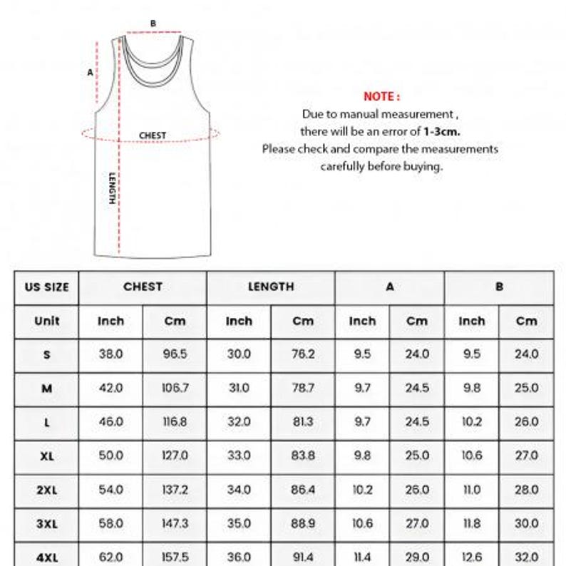 Pu&ograve; includere: Diagramma di una canotta con misure di petto e lunghezza in centimetri e pollici. Una tabella delle taglie mostra misure del petto da 96,5 cm a 157,5 cm e lunghezze da 76,2 cm a 91,4 cm. Nota: potrebbe esserci un errore di 1-3 cm.