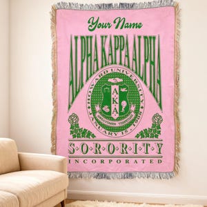 Alpha Kappa Alpha geweven deken, ook bekend als vrouwenclubdeken, gepersonaliseerde plaid, Grieks leven zus cadeau, roze groen ook bekend als decor