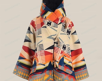 Boho Tribal Pattern Wool Coat, Women's Poncho-Style Outerwear, Cozy Winter Coat, Yellowstone Beth Dutton Kelly Reilly Wool Coat