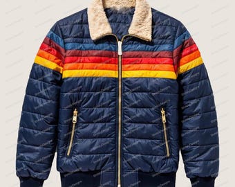 Chaqueta acolchada inspirada en The Last of Us / Abrigo de invierno postapocalíptico / Chaqueta retro a rayas con cuello sherpa estilo supervivencia / Chaqueta con cuello acolchado
