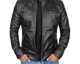 Men’s Real Leather Jacket – Black Cowhide Biker Moto Jacket, Slim Fit Motorcycle Jacket for Men, Genuine Leather Outerwear