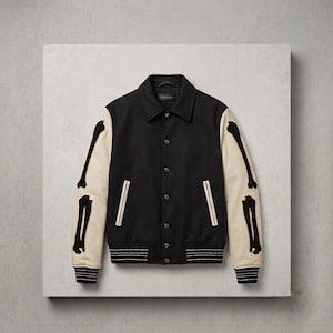 Könnte beinhalten: Eine schwarze Collegejacke mit cremefarbenen Ärmeln, die mit schwarzen knochenförmigen Applikationen versehen sind. Die Jacke hat einen spitzen Kragen, eine Knopfleiste vorne, zwei Seitentaschen mit weißem Rand sowie gestreifte Rippbündchen.