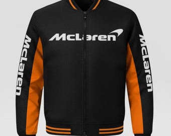 McLaren F1 Jacket | McLaren Racing Fleece Bomber | Formula 1 Team Men’s McLaren Zip Up Jacket | Orange & Black Motorsport Gift for Him