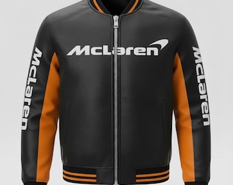 McLaren Leather Jacket | McLaren F1 Racing Bomber | Formula 1 Team Jacket | Men’s Black & Orange Motorsport Coat | McLaren Fan Gift for Him