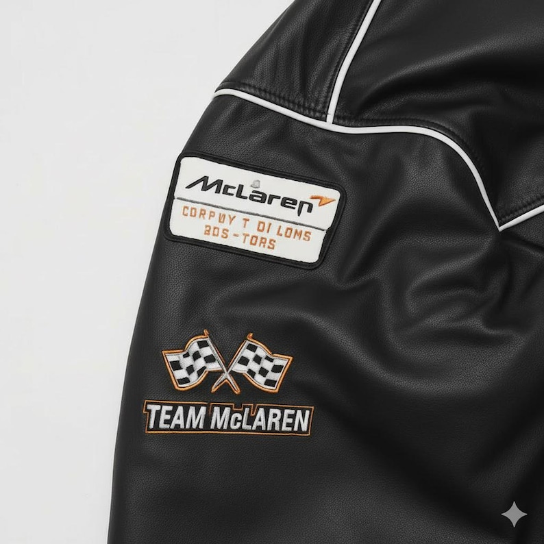 May include: Black leather jacket with white trim and embroidered patches. The patches feature the McLaren logo, text, and crossed checkered flags, with "TEAM McLaren" in orange lettering. The jacket has a classic racing style.